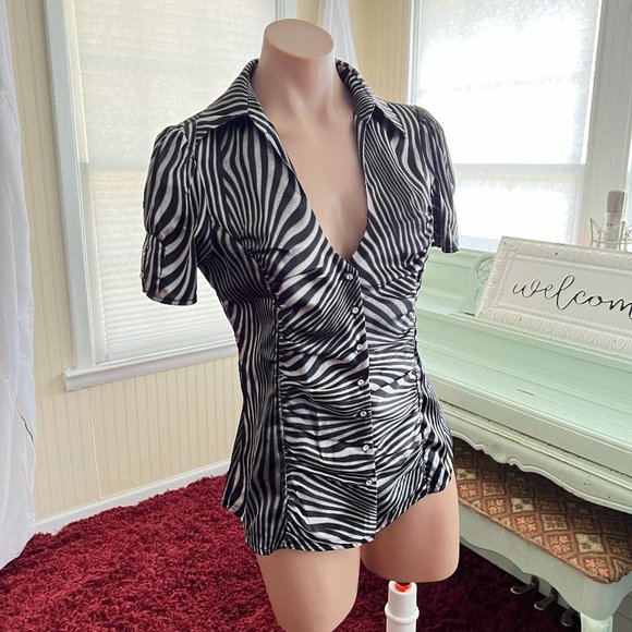 Guess Black and White Zebra Button Down Shirt with Rhinestone Buttons - Picture 1 of 7